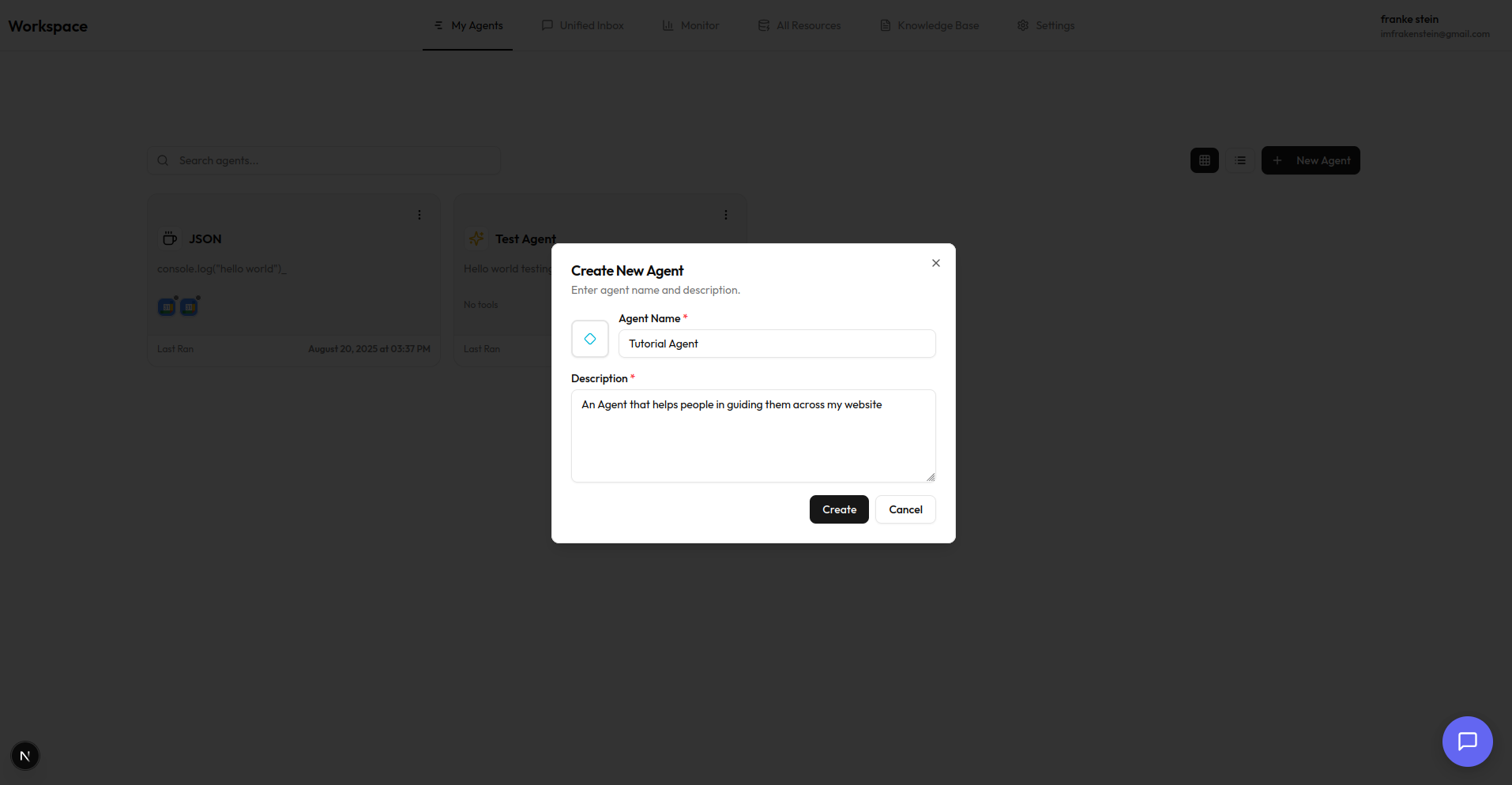Create Agent Dialog - Shows the interface for creating a new AI agent